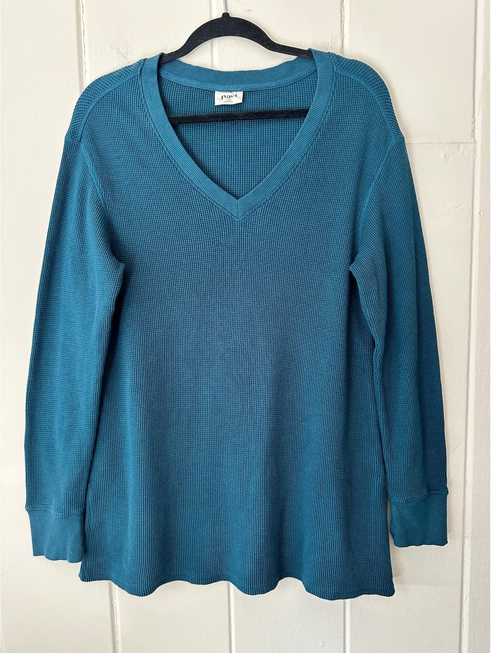 Pact 100% Organic Cotton Thermal Waffle Knit V-Neck Tunic Top Teal Size Medium